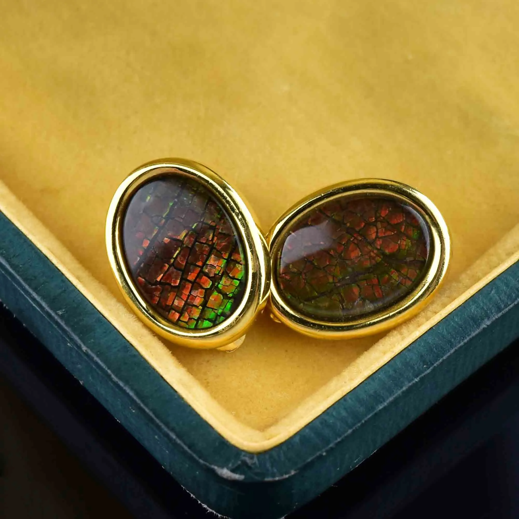 Vintage Gold Fill Ammolite Cabochon Earrings