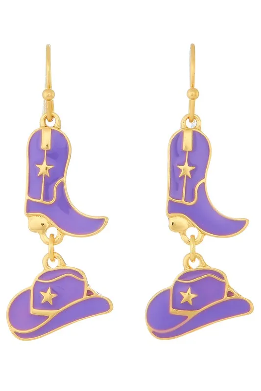 Western Hat/Boot Dangle Earrings - Purple