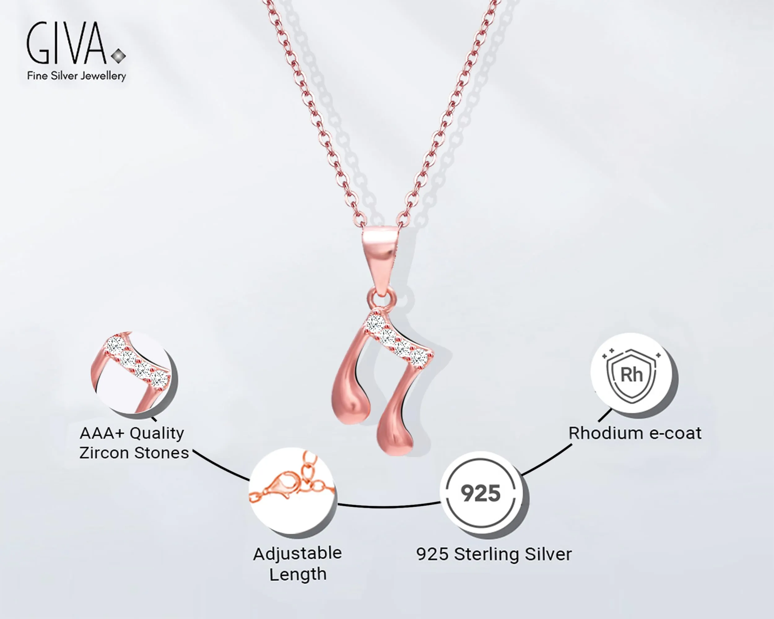 Women's  Sterling Silver Rose Gold Music Pendant with Link Chain Necklace to Gift With Certificate of Authenticity and  Hallmark